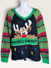 Ugly Christmas Sweater Women's L Santa's Favorite Sequins Lights Reindeer Green