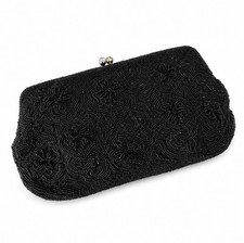 Vintage 1990’s Hand Beaded Black Satin Petite Evening Bag Clutch Made In Japan