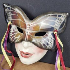 Vintage Art Deco Hand Painted Porcelain Mask Wall Hanging Butterfly Fairy Mask