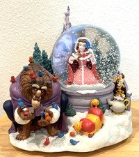 VINTAGE BEAUTY AND THE BEAST BELLE MUSICAL SNOW GLOBE WINTER SCENE FEEDING BIRDS