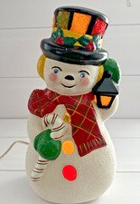 Vintage Ceramic Snowman Lamp MCM Crushed Lucite Panels 13"