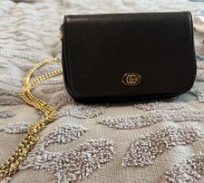 Vintage GUCCI Oval Plaque Leather Chain Bag Black Crossbody WOC Clutch