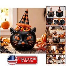 Vintage Halloween Decor, Halloween Cat Cookie Jar with Lids