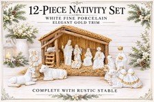 VTG (12) Piece Fine Porcelain Nativity Set White W/ Gold Trim & W/ Large Stable