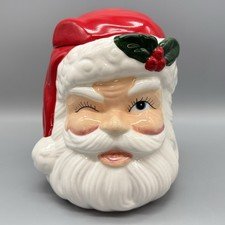 Winking Santa Cookie Jar Container Sleigh Bell Bistro Christmas Holiday Vtg Read