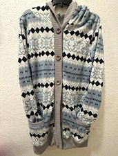 Women's Hooded Button-Front Geometric Cardigan, Gray/White/Black, M
